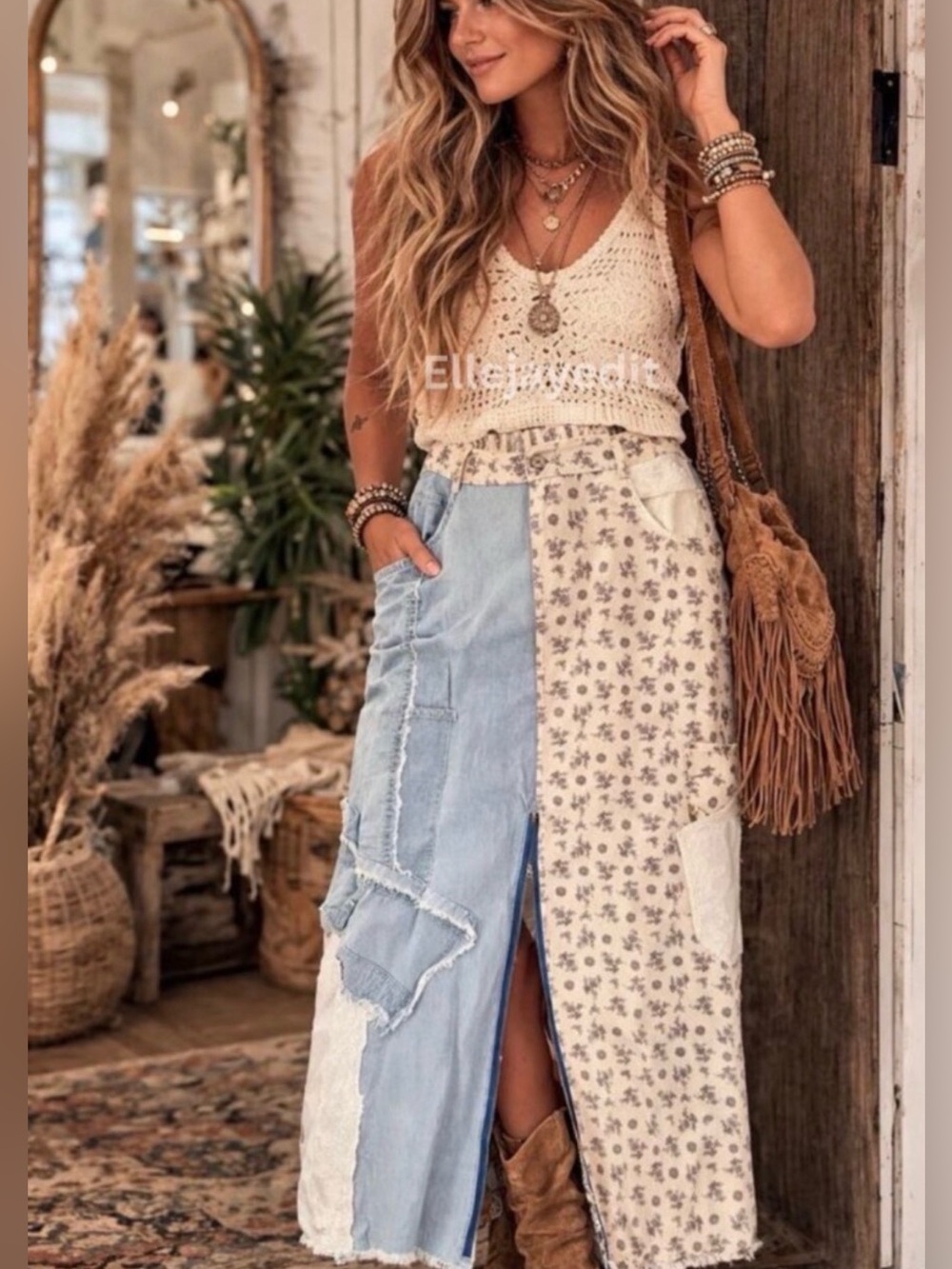 POL Anne Patchwork Denim Floral Maxi Skirt Medium NWOT